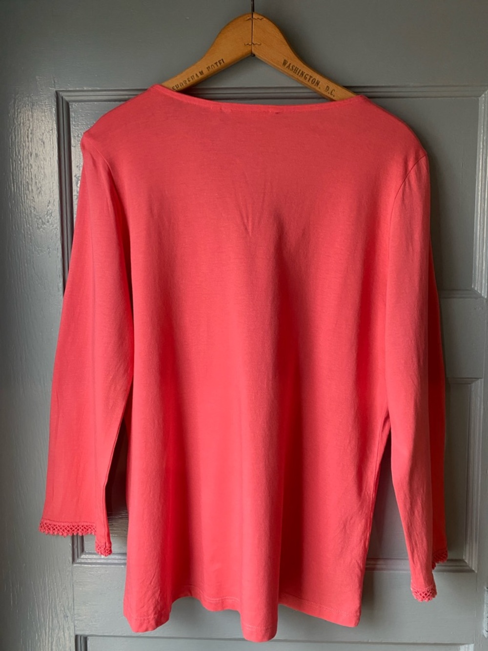 Soft Surroundings Coral Pink Crochet-Trim 3/4 Sleeved Shirt - Picture 5 of 5